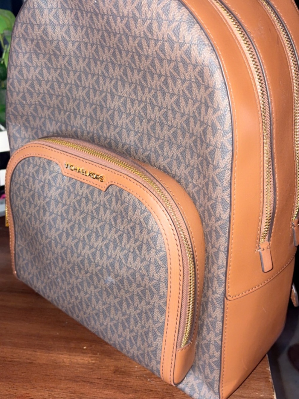 (Used)Michael Kors Brown Logo Backpack with Tan Trim